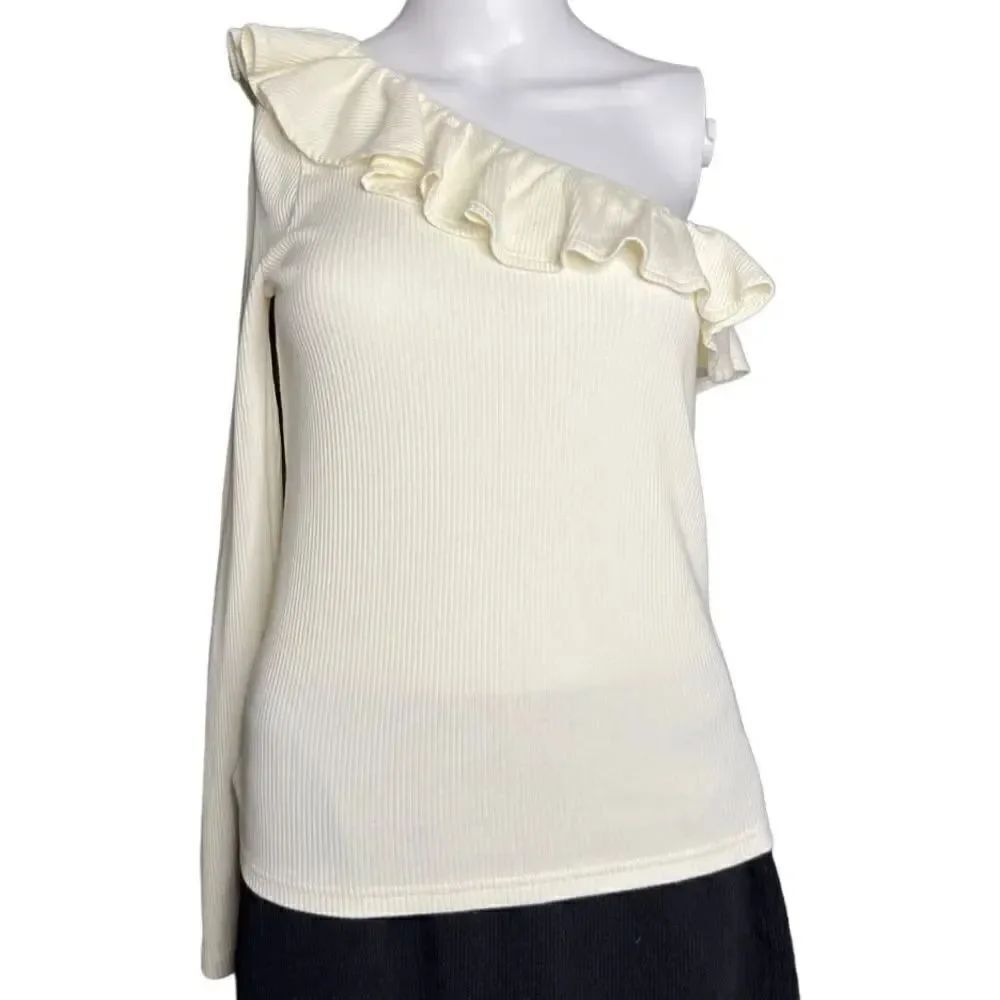 J. Crew Ribbed One Shoulder Ruffle Blouse Ivory Size Small